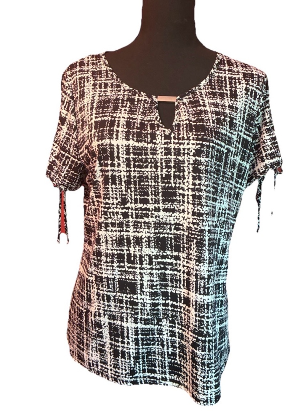 Mandy Evan’s Black & White Short Sleeve Patterned Blouse with Tie Sleeves Size L